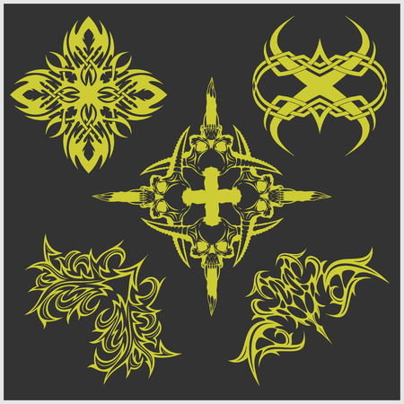 Symmetric tattoo set in tribal style on dark backgroundのイラスト素材