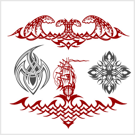 Symmetric tattoo set in tribal style on white backgroundのイラスト素材