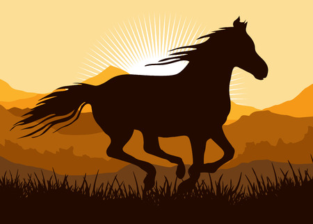 Silhouette of a running horse on a sunset in wild nature landscape illustrationのイラスト素材