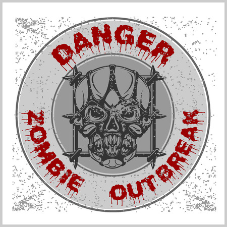Poster Zombie Outbreak. Zombie Apocalypse. Sign board with zombie, hand-written fonts, words Zombie Outbreak Biohazard Keep Out and textures. vector illustration. grunge effect in separate layer.のイラスト素材