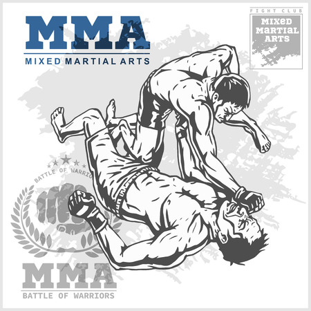 Match two fighters of martial mixed arts on grunge background and labels.のイラスト素材