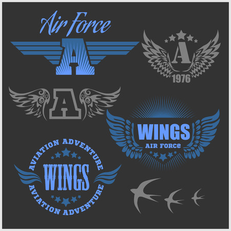 Air Force shields and labels with wings isolated on darkのイラスト素材