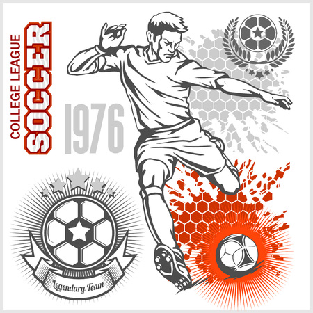 Soccer player kicking ball and football emblems, design elements.のイラスト素材