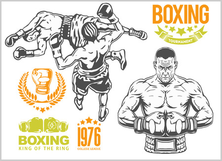 Fight between two boxers - set of monochrome illustrations.Plus vintage boxing emblems, labels, badges, logos and designed elements. Monochrome style.のイラスト素材
