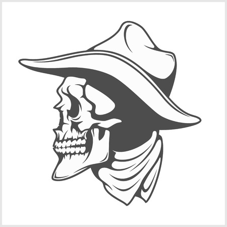 Skull in cowboy hat - gangster. Vector isolated on white.のイラスト素材