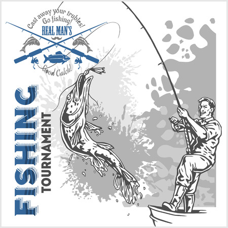 Fishing  - monochrome fisherman with a fishing rod on grunge backgroundのイラスト素材