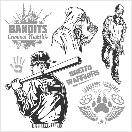 Bandits and hooligans - criminal nightlife. Vector illustration isolated on white.のイラスト素材