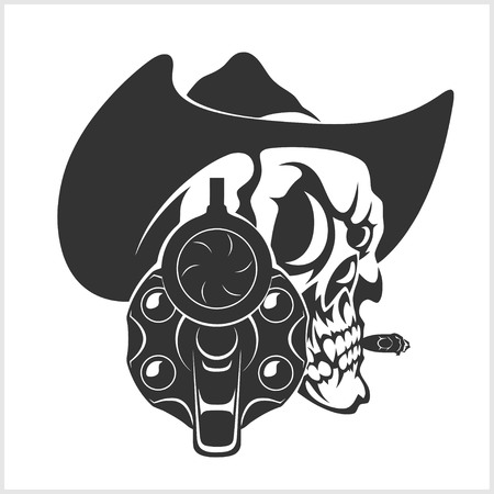 Skull In Cowboy Hat And Gun - isolated on whiteのイラスト素材