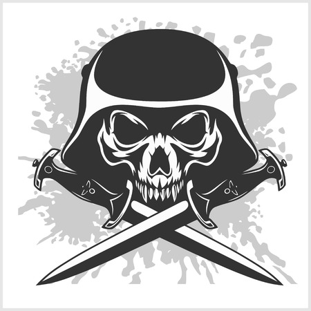 Skull with helmet and cross swords on whiteのイラスト素材