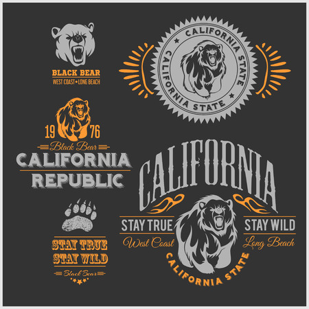 Set of stylish retro badges with bears - California Republic. Vector set.のイラスト素材