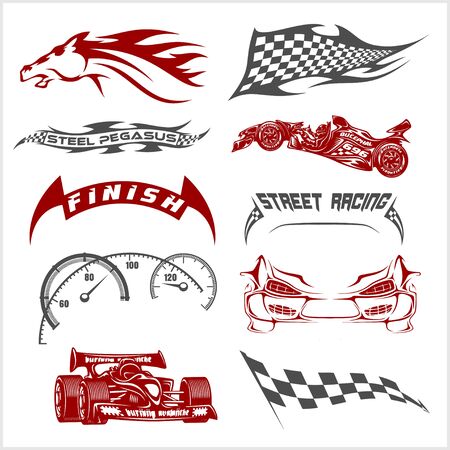 Vintage race car for printing. Retro street racing set.のイラスト素材
