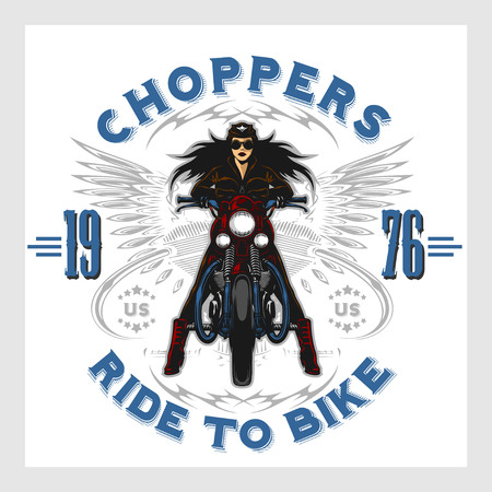 Vintage motorcycle garage motor club emblem with sexy girl on white backgroundのイラスト素材