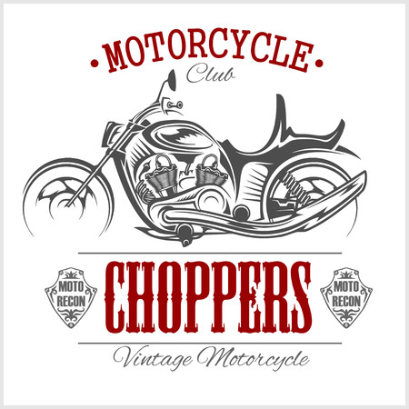 Motorcycle Chopper logo. Chopper sign. Motorcycle logo. Chopper garage logotype. Vector vintage biker Chopper motorcycle logo. Motorbike. Custom motorcycle illustration cafe racer hand drawn vectorのイラスト素材