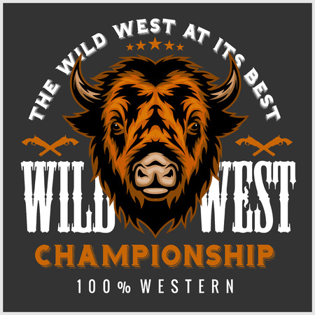 Wild west rodeo - bison head, vintage vector artwork for boy wear.のイラスト素材