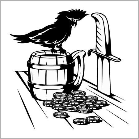 Beer mug and parrot - pirate symbols. Vector illuastration isolated on white.のイラスト素材
