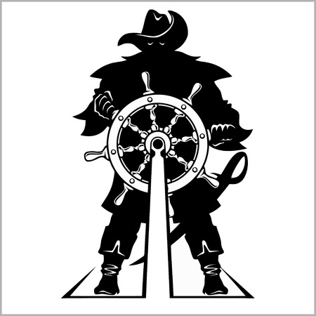Pirate at the helm - vector illustration. Isolated on whiteのイラスト素材