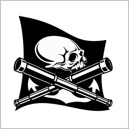 Pirates emblem - telescopes and skull. Black flag for entertainment party decor.のイラスト素材