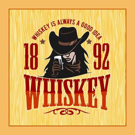 Vintage Whiskey Label with Girl - T-shirt Graphic. Vector stock illustration on light backgroundのイラスト素材