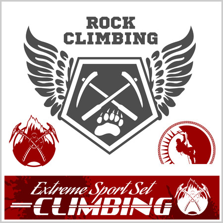 Set of mountain climbing vintage logos, emblems, silhouettes and design elements.のイラスト素材