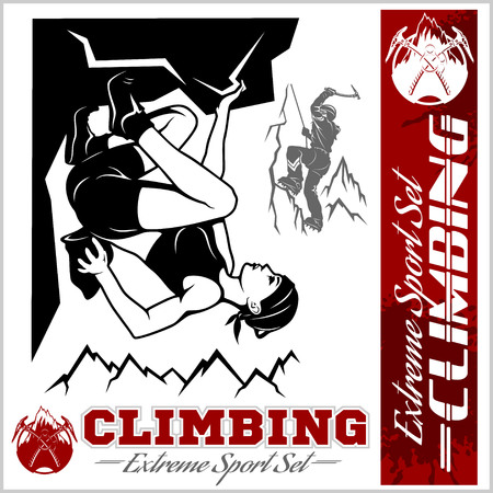 Mountain climbing illustration and logos, emblems, silhouettes, design elements.のイラスト素材