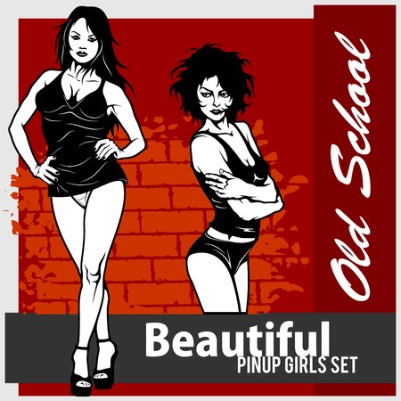 Vector collection of pin up girls in monochrome style on grunge backgroundのイラスト素材