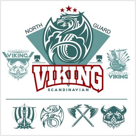 Set of viking emblems, labels and logos. Monochrome styleのイラスト素材