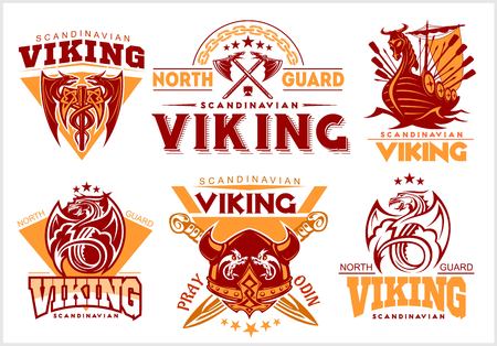 Vintage viking emblems set with scandinavian elements on white backgroundのイラスト素材