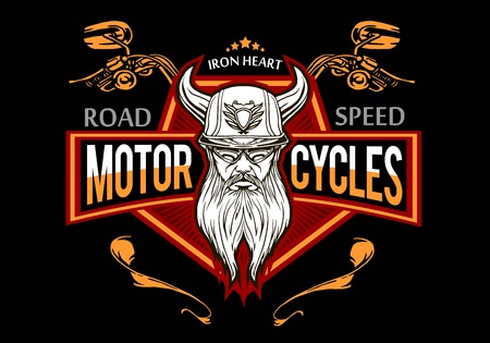 Vintage label with bearded man in a helmet and goggles on black background for t-shirt print, poster, emblem. Vector illustration.のイラスト素材