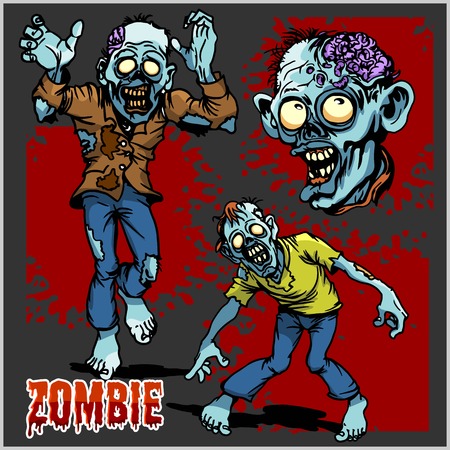Zombie Comic Set - Cartoon zombie. Set of color drawings of zombies on dark background.のイラスト素材