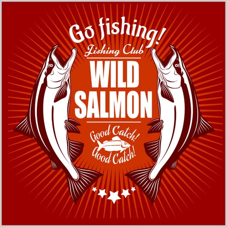 Salmon fish. Vintage Salmon Fishing emblems, labels and design elements.のイラスト素材