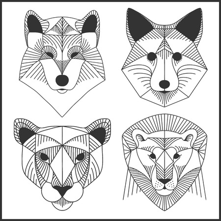 Set of polygonal animals. Polygonal logos. Geometric set of wolf, fox, jaguar, lion.のイラスト素材