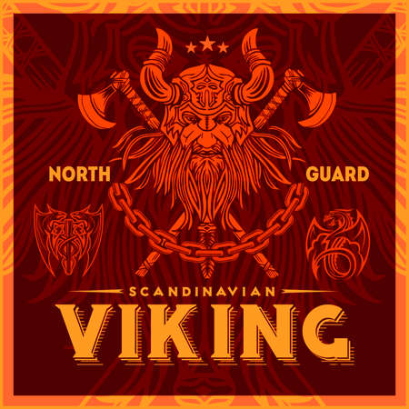 T-shirt print with viking emblems in vintage style. Vector illustrationのイラスト素材
