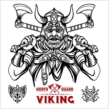 Viking warrior with big crossed axes - vector monochrome illustrationのイラスト素材