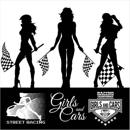 Street Racing. Sexy sport girls with starting the checkered flags. Auto Motor Racingのイラスト素材