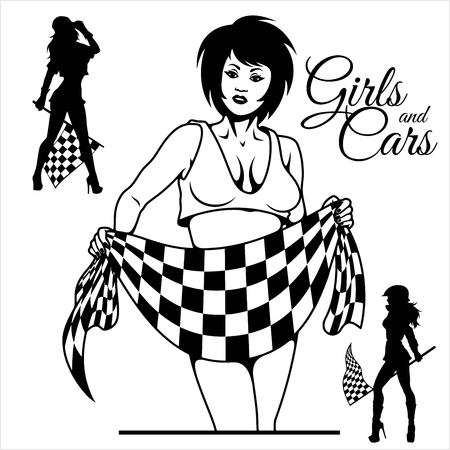 Street Racing. Sexy sport girls with starting the checkered flags. Auto Motor Racingのイラスト素材