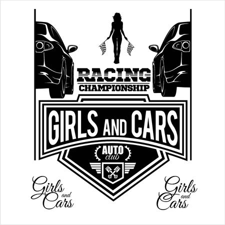 Girls and cars - rstreet racing emblem - black vector illustration isolated on whiteのイラスト素材