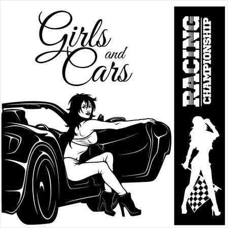 Street Racing. Sport girl with starting the checkered flag. Auto Motor Racingのイラスト素材