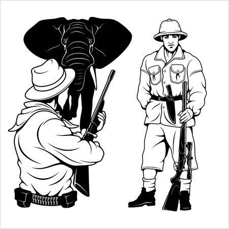 Hunting trophy elephant - African safari monochrome illustration and label for hunting clubのイラスト素材