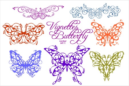 Abstract floral butterflies isolated on white background - vector setのイラスト素材