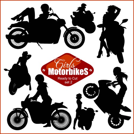 Silhouettes - womans and motorbikes - vector set. Isolated on white.のイラスト素材
