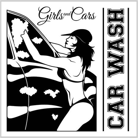 Girl on car wash. Cleaning service. vector illustration. Isolated on whiteのイラスト素材