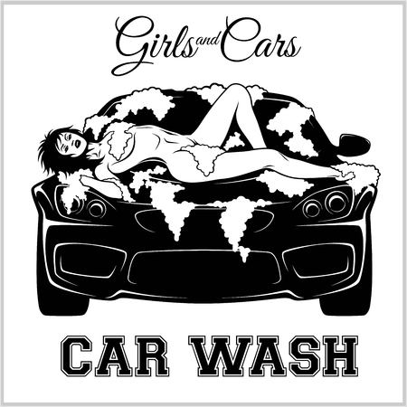 Girl on car wash. Cleaning service. vector illustration. Isolated on whiteのイラスト素材