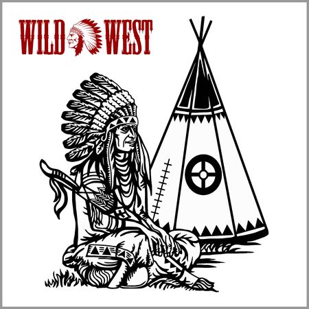 Poster in wild West style. Indian tent or wigwam teepee and American native chief. Cartoon vector close-up illustration.のイラスト素材