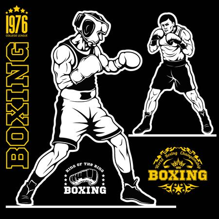 Boxing set - boxers, emblems, labels, badges, logos and designed elements. Monochrome styleのイラスト素材