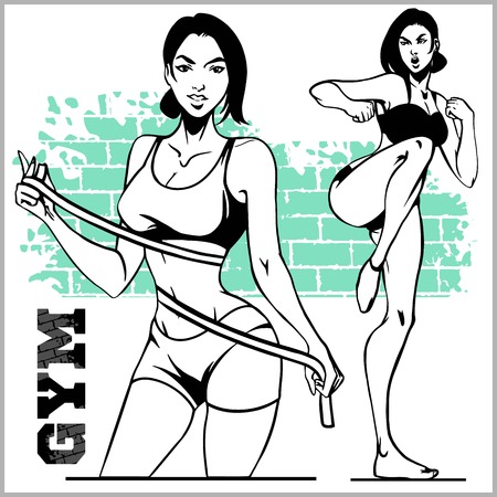 Beautiful sportive womans, girl measures the waist.のイラスト素材
