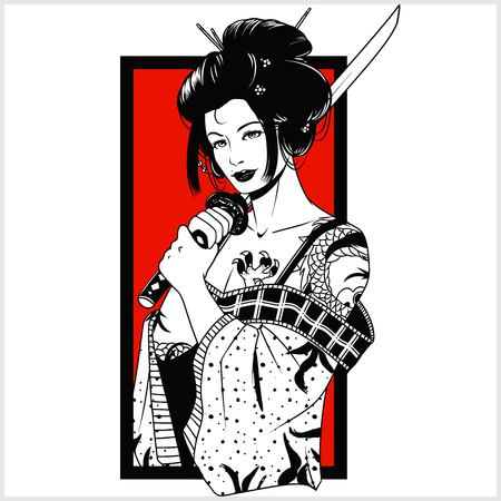 beautiful japanese geisha woman and traditional katana sword black and white vector designのイラスト素材