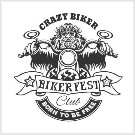 Custom motorcycles club Badge or Label With biker - monochrome vector illustration isolated on whiteのイラスト素材