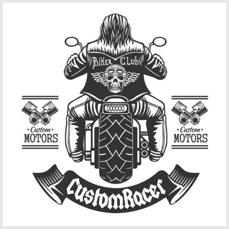 Custom motorcycles club Badge or Label With biker - monochrome vector illustration isolated on whiteのイラスト素材