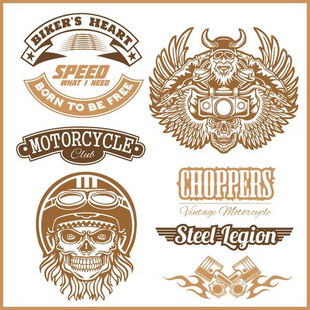 Set of Vintage motorcycle t-shirt prints, emblems, labels, badges and logos. Monochrome style.のイラスト素材