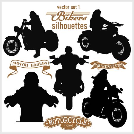 biker, motorcycle vector silhouettes - vector set, retro emblem and labelのイラスト素材